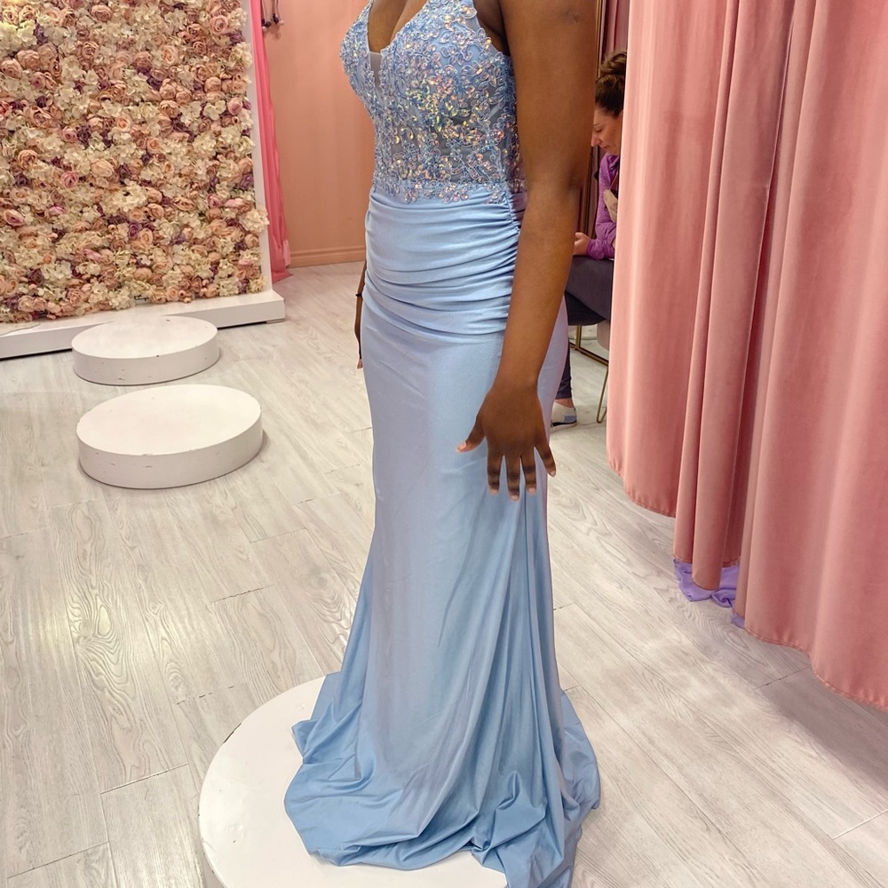 Blue Embellished Ruched Sweetheart Prom Gown - Picture 1 of 3